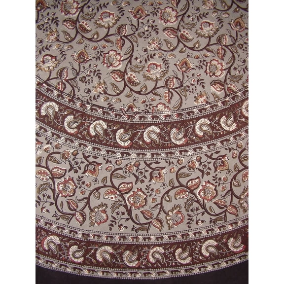 Block Print Floral Round Cotton Tablecloth 72" Gray
