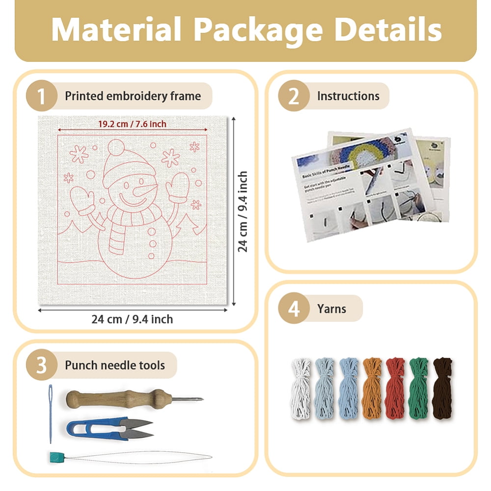 Polyester Cotton Punch Needle 4Folded Yarns Embroidery Kits Included Threader Cotton Thread Punch Needle Thread Clips 3.5MM Wooden Needle Snowman