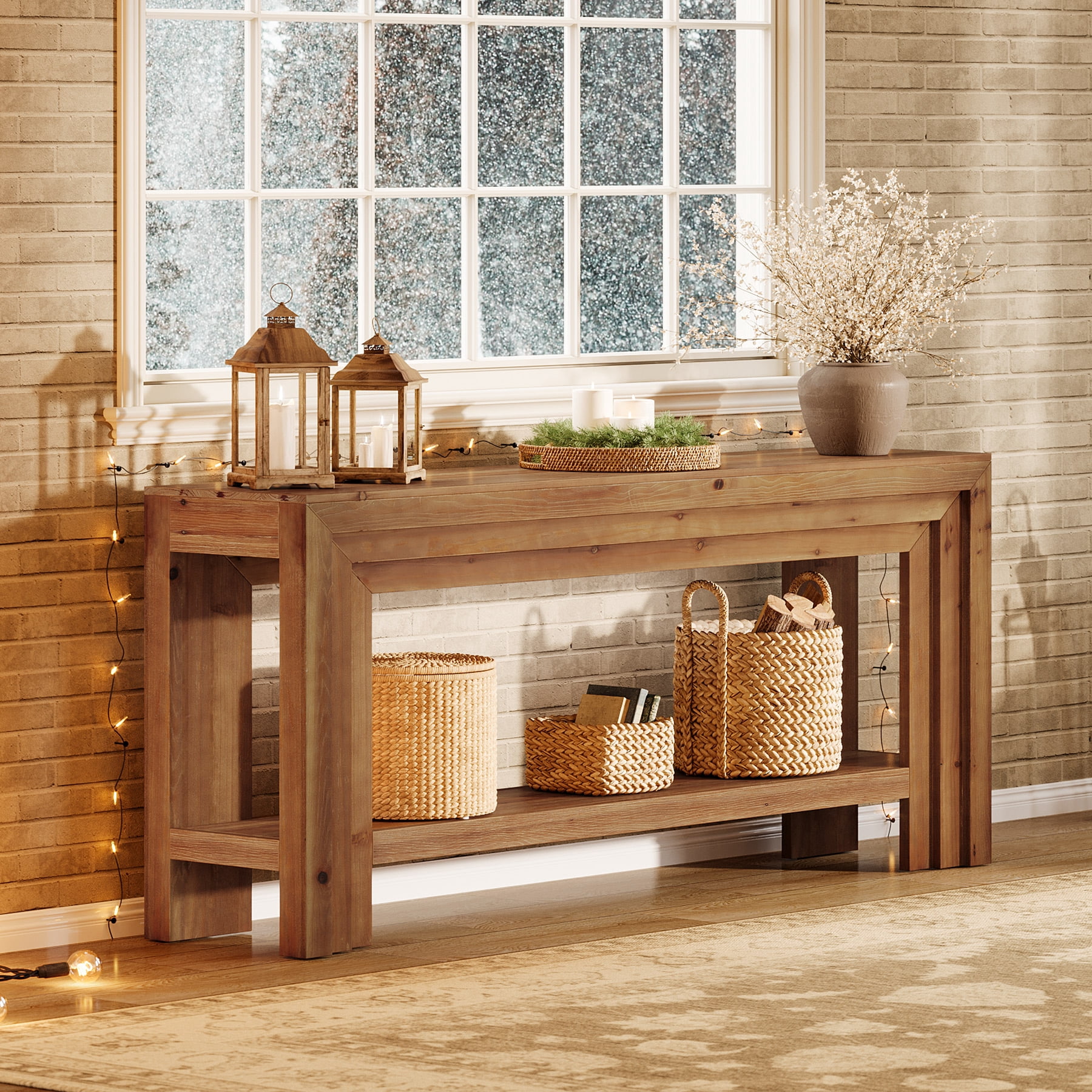 Tribesigns 63-Inch Solid Wood Console Table, Farmhouse Entryway Table with Dimensional Linear Frame for Entrance, Hallway, Living Room, Brown