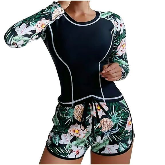 Utoimkio Women's Two Piece Rash Guard Long Sleeve Swimsuits Floral Bathing Suits for Women with Boyshorts Summer Swim Shirts Beach Swimwear