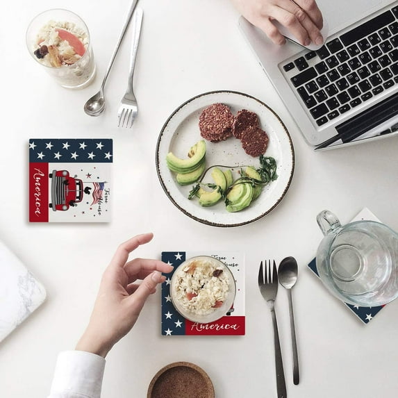 FMSHPON Independence Day Vintage Pickup Truck with American Flag Retro Car Farm House Set of 8 Coaster for Drinks, Absorbent Ceramic Stone Coasters Cup Mat with Cork Base for Coffee Table Bar Decor