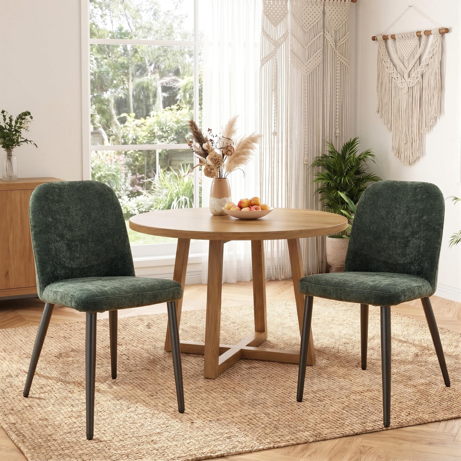 Fabric Dining Chairs Set of 4, Dark Green Upholstered Kitchen Chairs with Ergonomic Backrest and Metal Legs, Modern Armless Side Chairs for Dining Room, Restaurant, Living & Meeting Room