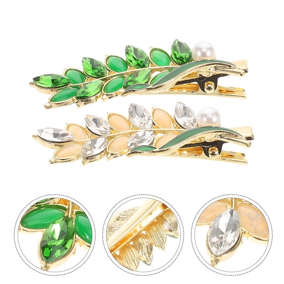 OFFIGAM 2pcs Crystal Leaf Hair Clips: Duck Bill Barrettes for Women's Side Bangs Daily Fashion