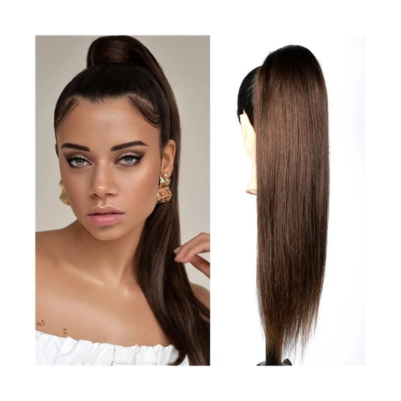 Straight Hair Drawstring Ponytail Extensions 4# Dark Brown Human Hair Ponytail Brazilian Remy Hair Clip In Straight Hair Extensions