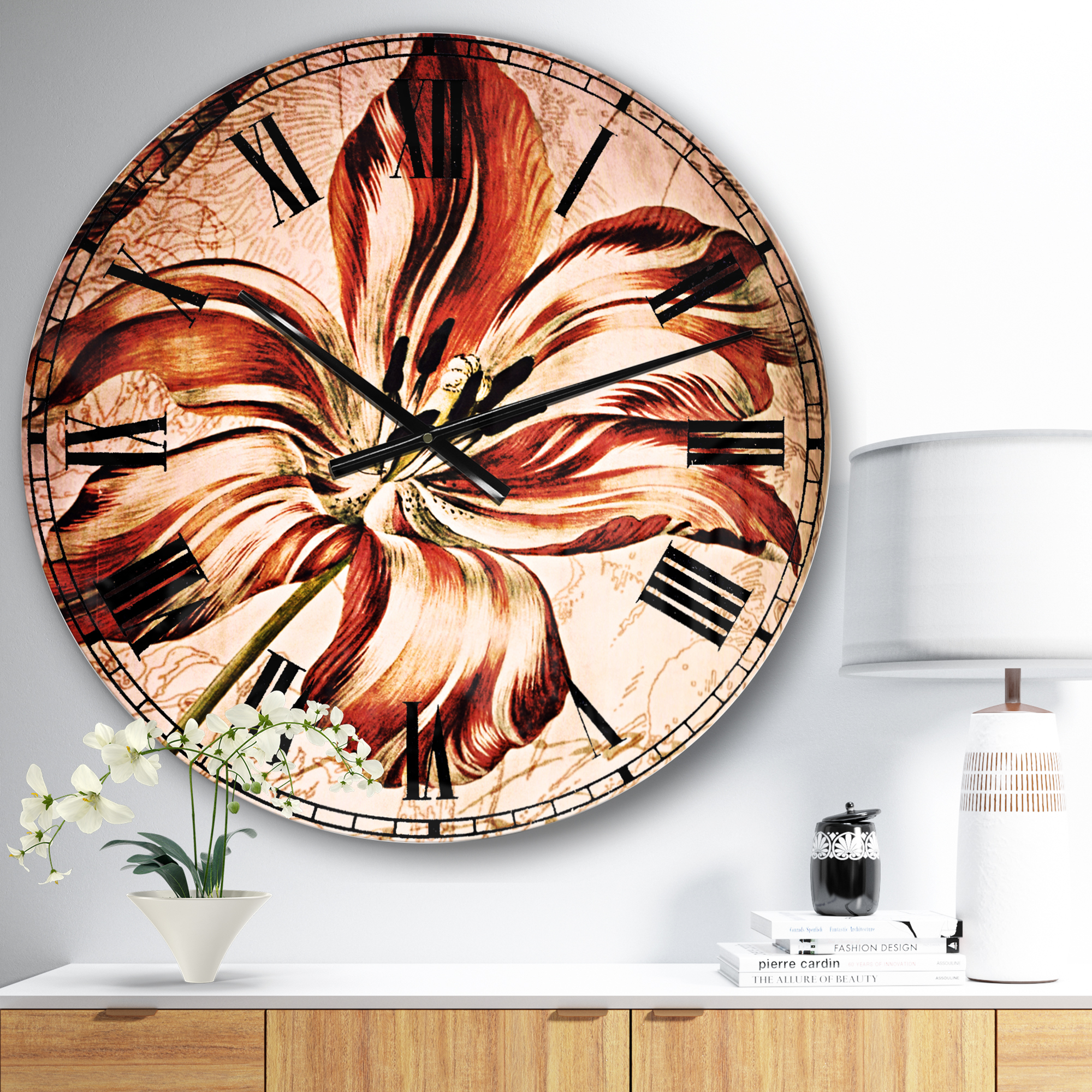 Designart 'Red Floral Pattern with Butterfly' Traditional wall clock