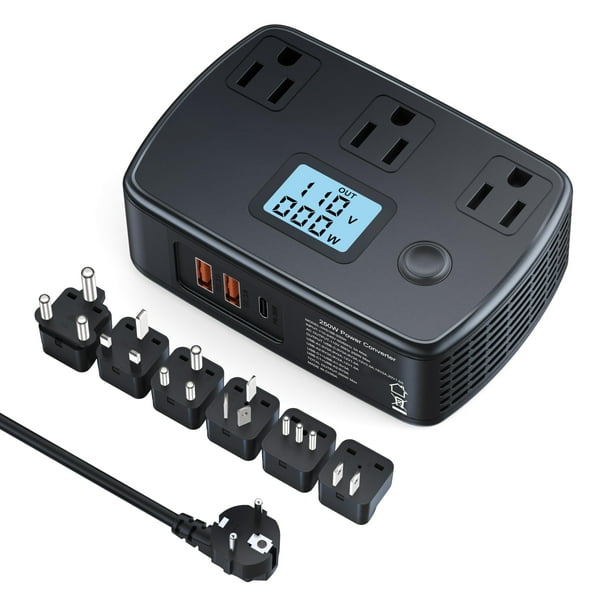 Adaptador de viaje con convertidor de voltaje de 220 V a 110 V, 250 W con pantalla LCD