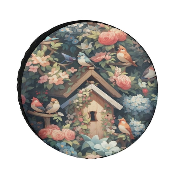 Camper Spare Tire Cover12inch Birdshouses in A Colorful Garden Wheel Tire Cover for Travel Trailers Wheel Protectors Weatherproof Spring Outdoor Bird Flower for Travel Trailer Camper Truck SUV Camper