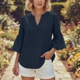 thumbnail image 2 of XPMWRP Womens Cotton Linen T Shirts Loose Fit Tunic Tops Dressy Casual 3/4 Bell Sleeve Blouses Work Tunic Shirts Navy L, 2 of 6