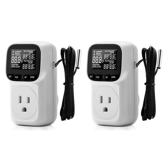 2X Digital Plug in Thermostat Outlet120V Heating Cooling Control 110V 15A Celsius Fahrenheit Display, US Plug