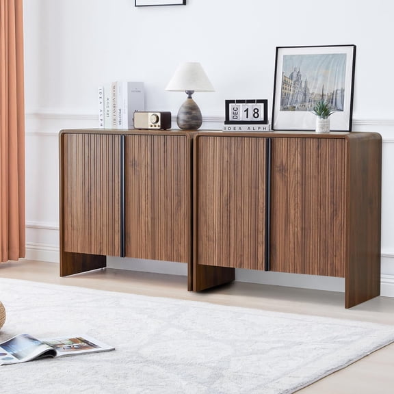 60inch Sideboard Buffet Cabinet with Storage,Fluted 4 Door Sideboard Buffet with Curved Edge, Brown Accent Storage Table with Adjustable Shelf for Living Room Kitchen Entryway