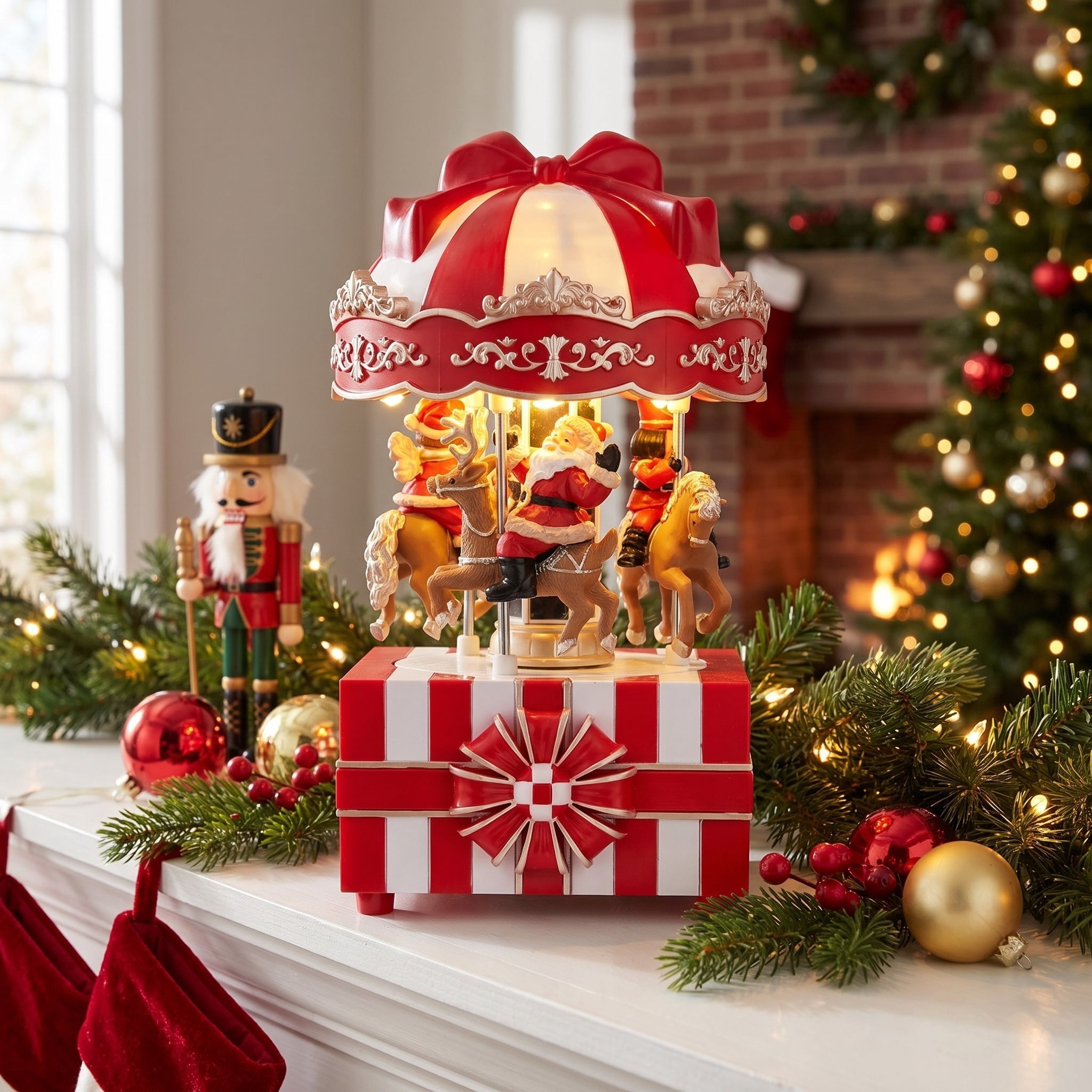 Light-Up and Musical Animated Carousel with Gift Box Base Christmas Village Decoration, Red and White, 7.5", by Holiday Time