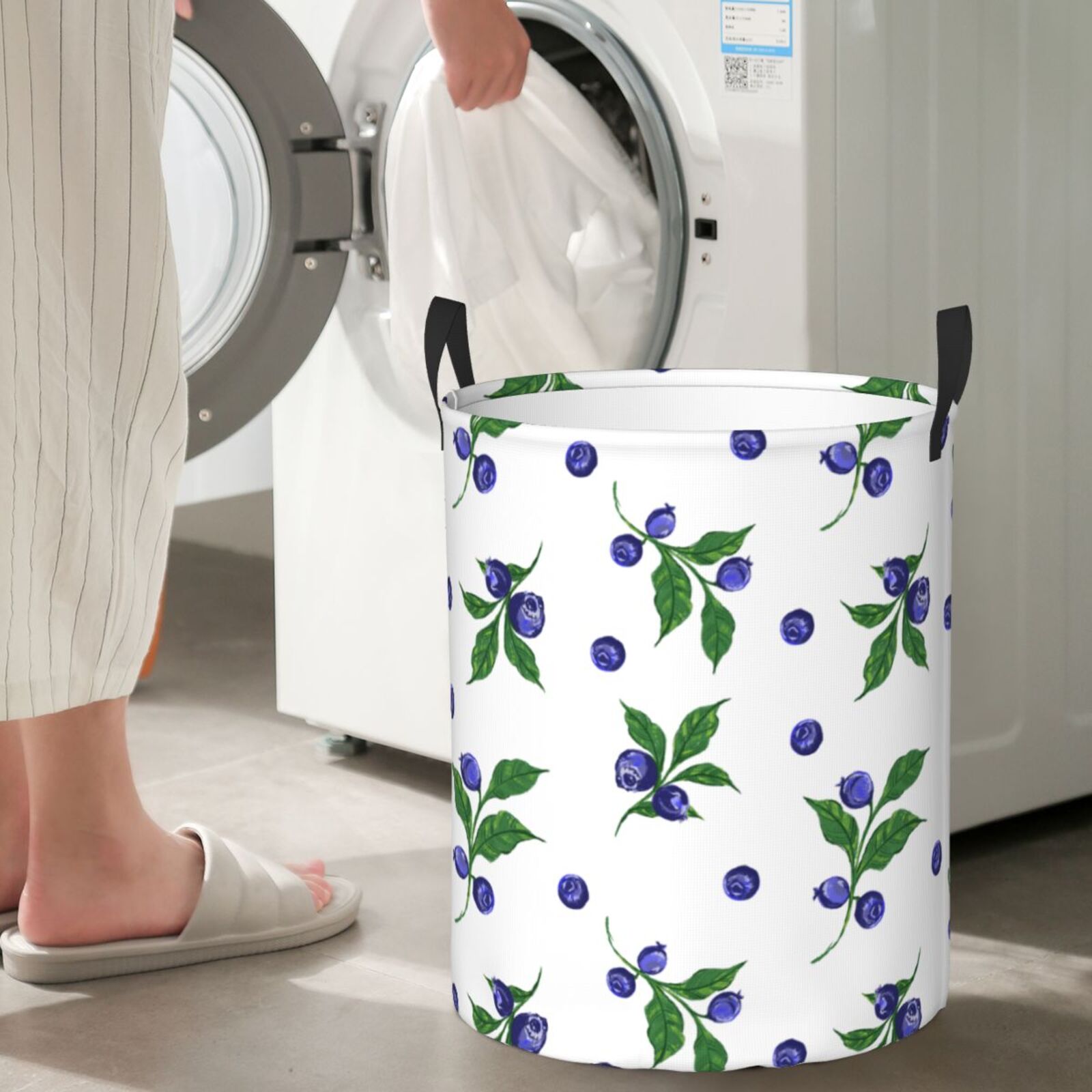 Large Laundry Basket with Handles - Blueberries Print green leaf Kids Baby Dirty Clothes Laundry Hamper for Bedroom Aesthetic