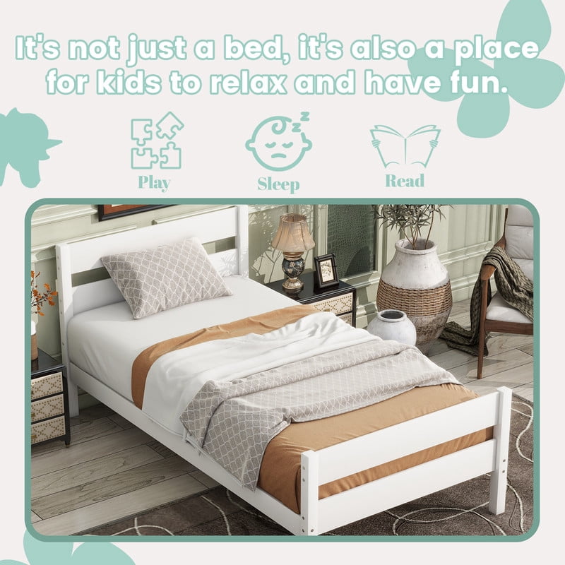Mirightone Twin Platform Bed with Headboard & Footboard, Twin Wood Bed Frames for Teens, Adults, White