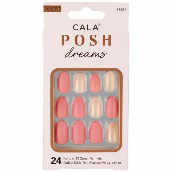 Cala POSH DREAMS - SHORT OVAL DARK PINK/GLITTER - 24 PC NAIL KIT