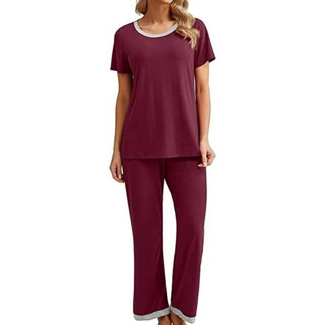 Mialoley Women's 2 Piece Lounge Set Pajama Set Short Sleeve Crew Neck Tops Elastic Band Contrast Color/Floral Pants Sleepwear Sets