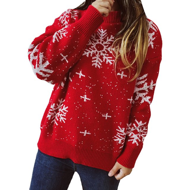 Gibobby Suéter Divertido navideños Suéter grueso de Otoño/Invierno para mujer, suéter de Navidad de Año Nuevo, de punto de manga larga con cuello redondo y de nieve (Rojo, XL)