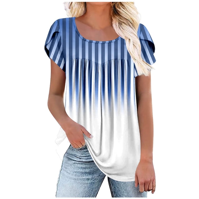 Birdeem Blouses pour Femmes T-Shirt Imprimé Plissé à Manches Courtes Haut Ample