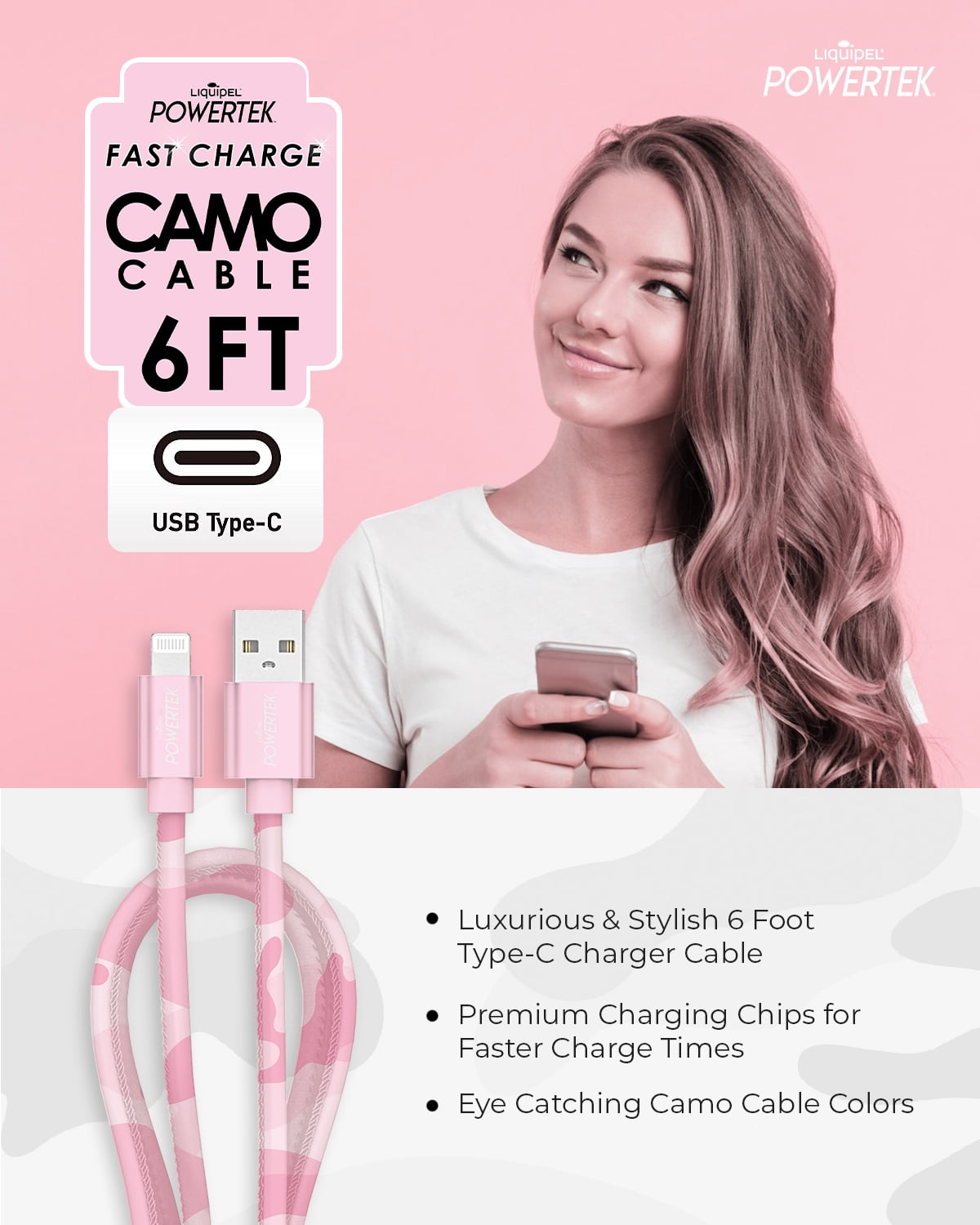 Liquipel PowerTek Type C Cable Camo - Pink