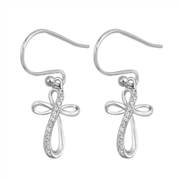 Clear CZ Infinity Cross Fishhook Earring Sterling Silver