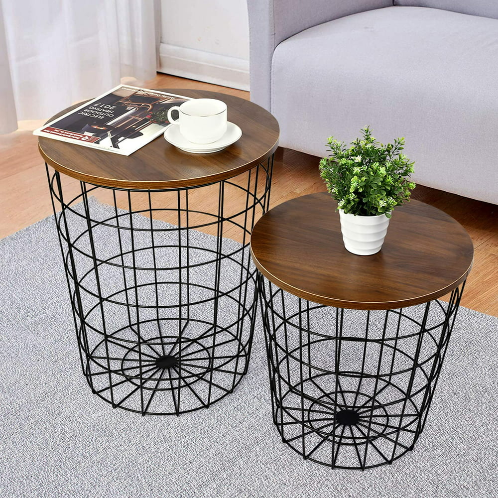 Amzdeal Nesting End Table with Storage, 2 Set Convertible Round Metal