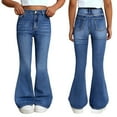 thumbnail image 2 of XIMIN Kid Girls Plus Size Bell Bottom Jeans Stretchy Boot Cut Trendy Denim Jeans Stretchy Skinny Destroyed Ripped Hole Frayed High Waisted Jeans, 2 of 6