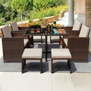 Homall 9 Pieces Outdoor Dining Sets Patio Rattan Conversation Set Space Saving Wicker Chairs with Glass Table,Beige