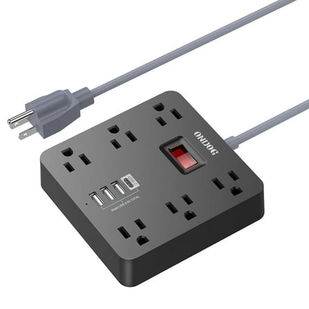 ONDOG 5ft Extension Cord - 6 AC Outlets and 4 USB Charging Ports, Power Strip for Home, Office, Black