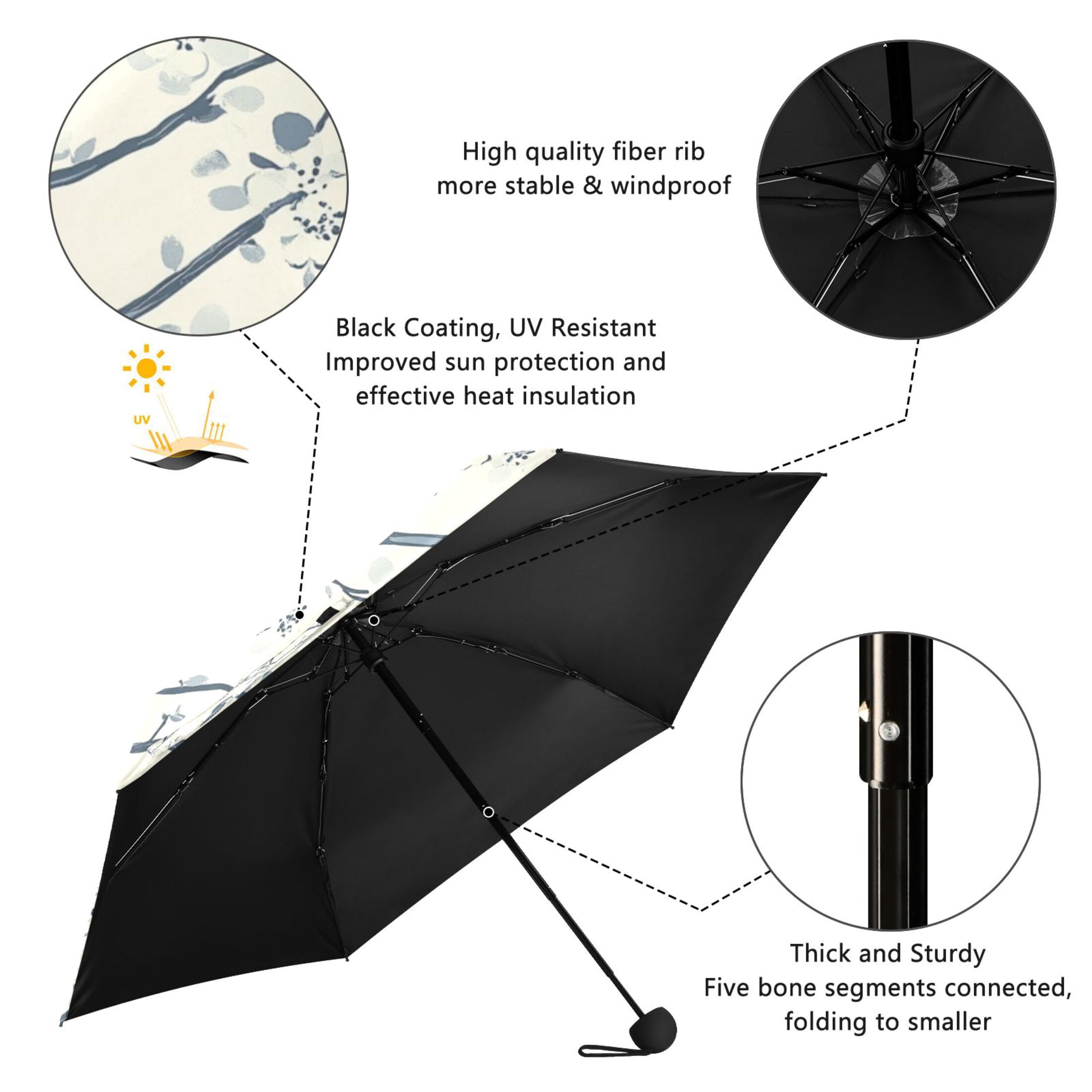 Birds and Flowers Pattern Umbrellas for Sun Auto Open Close UV50+ Waterproof 5-Fold Compact Fiberglass Frame
