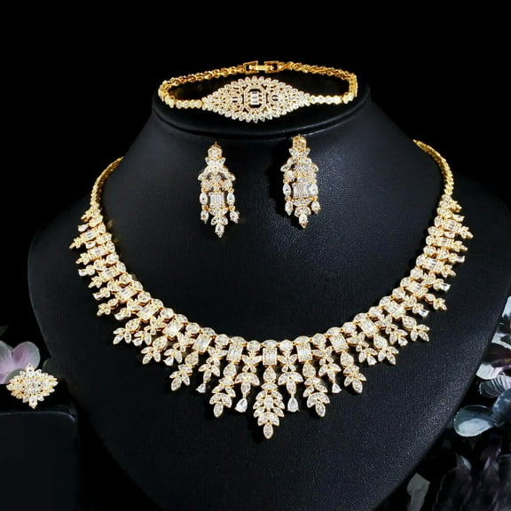 Yellow Gold Plated CZ Leaf Drop Necklace Earrings Bracelet Ring Prom Jewelry Set