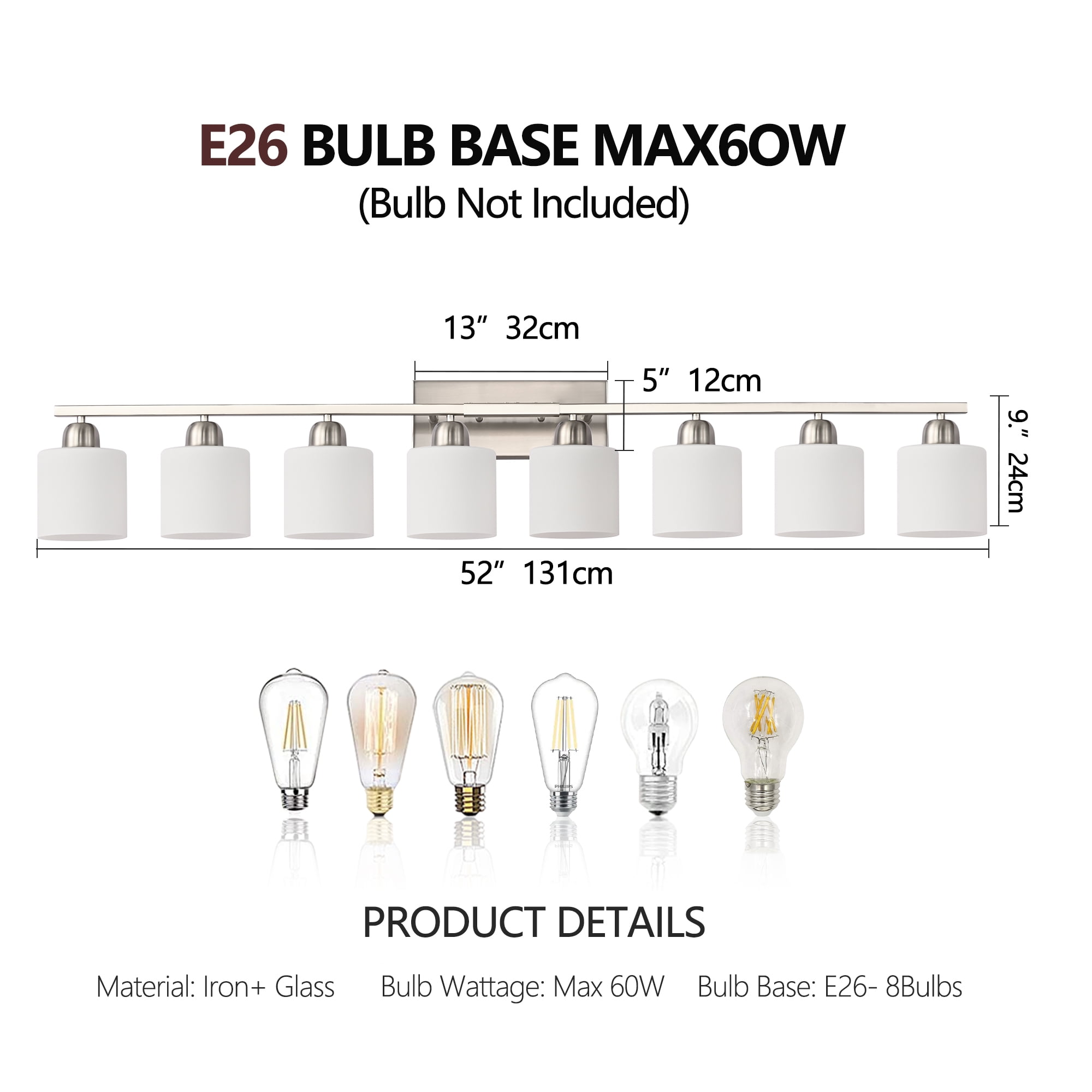 Jopath 8-Light Modern Vanity Light Over Mirror, Wall Sconces with Milky White Frosted Glass Shades for Bathroom, Hallway, or Bedroom Nickel (Bulbs Not Included)