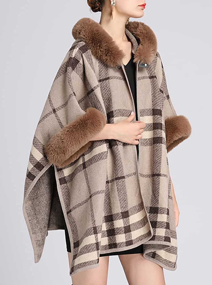 PIKADINGNIS Women's Faux Fur Trim Hood Poncho Faux Rabbit Fur Cape Wrap Shawl Coat Cardigan - image 2 of 5