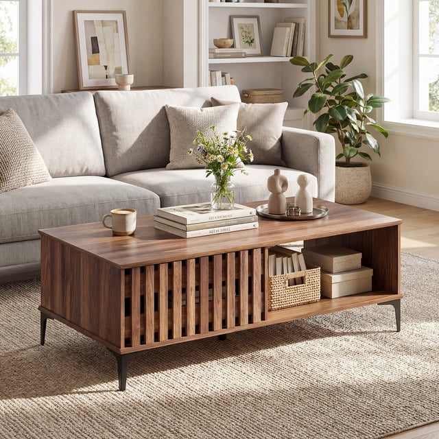 Costway 47” Mid Century Coffee Table with Fence Doors Open Compartment Front Rear Cabinets