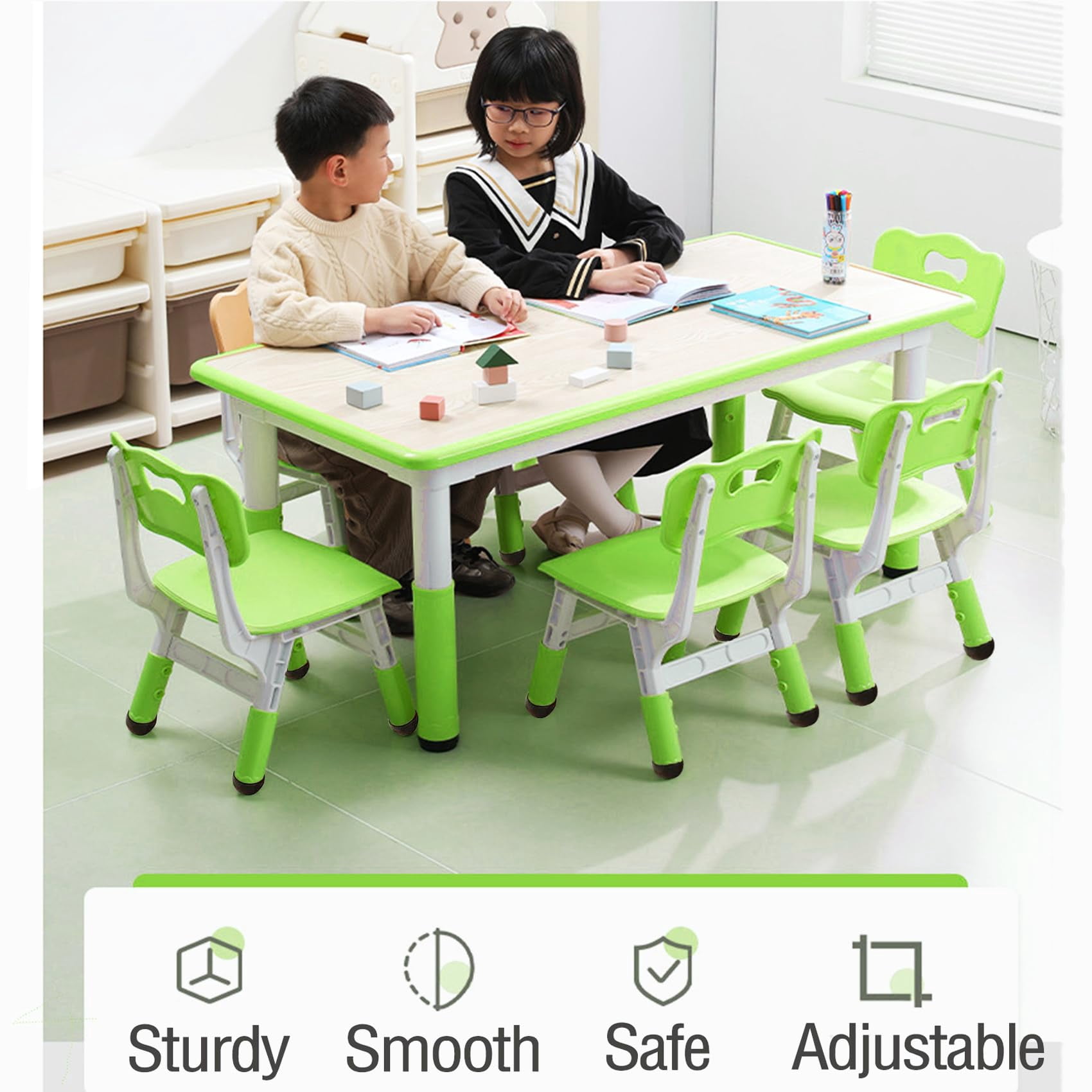 Kids Table and Chairs Set – Adjustable Toddler Table with 6 Chairs, Multi-Activity Table with Graffiti Desktop and Non-Slip Legs for Ages 2-10, Perfect for Daycare, Classroom, or Home