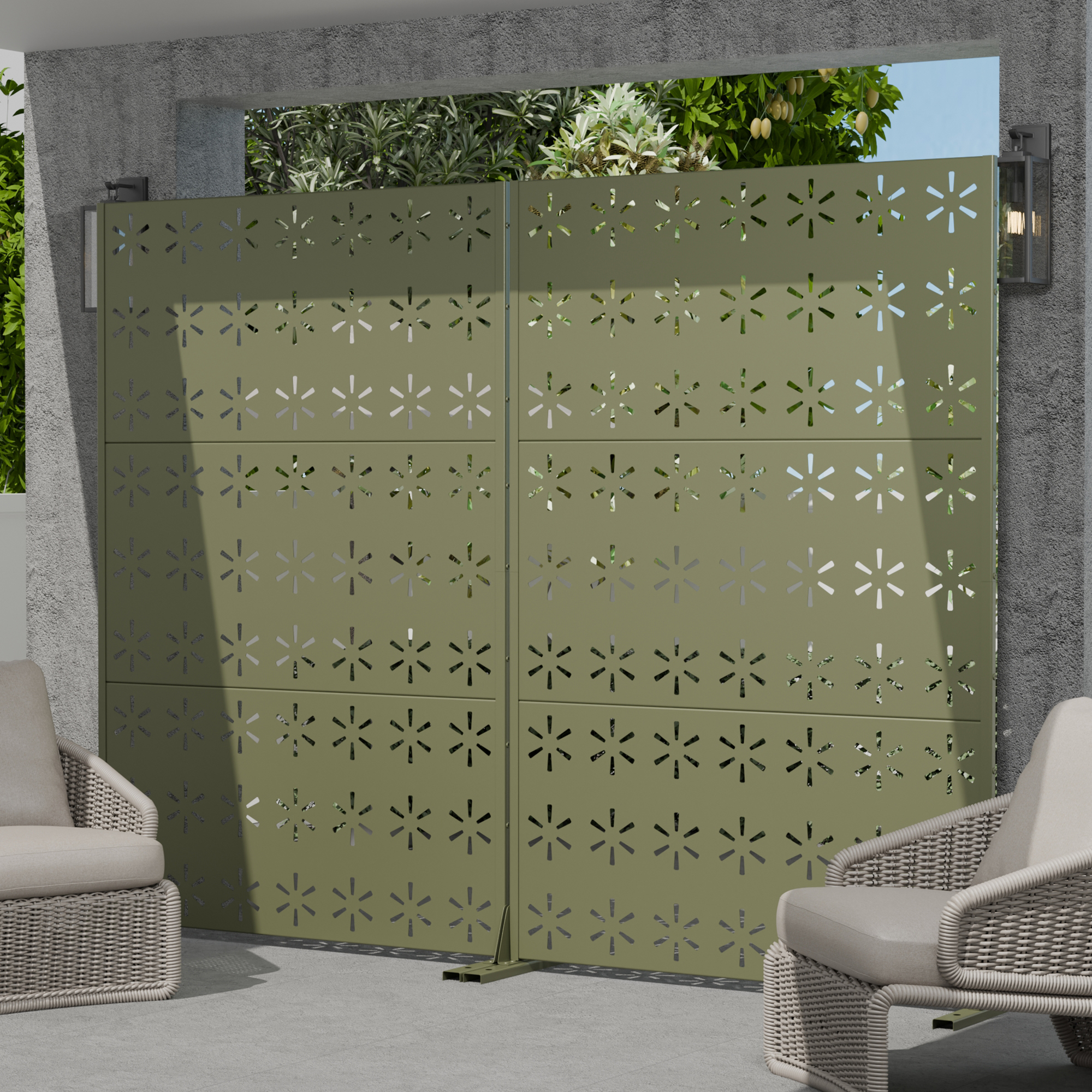 MAYEERTY 72×47" Outdoor Gray Olive Metal Privacy Panel Screen for Backyard & Garden, Snowflake Pattern