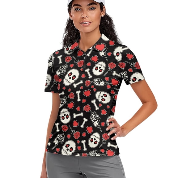 Whosucclay Skull Heart 1/4 Zip Golf Polo Short Sleeve Blouse, Polyester Polo Shirts Lightweight Soft Women Short Sleeve Golf Shirts for Summer Tennis Fitness Size Large