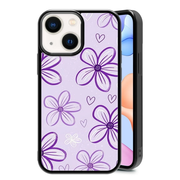 RSMTCI for iPhone 14/13 Case 6.1 IN,Fashion Art Purple Flowers Phone Case,Black