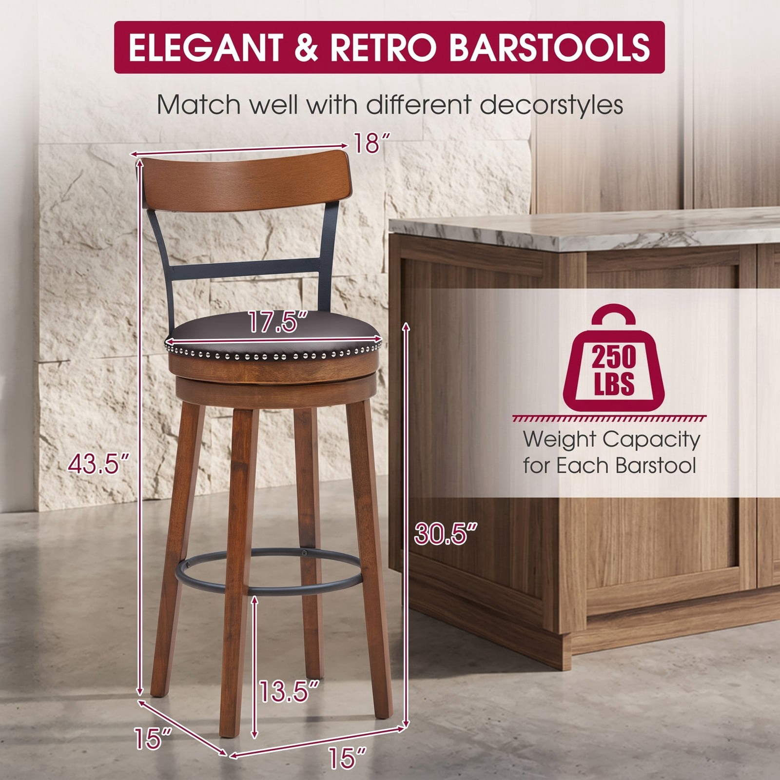 Furnibear Set of 2 30.5 Inch Swivel Pub Height Bar Stools, Rubber Wood Counter Bar Chairs with PVC Leather Padded Seat, Ergonomic Backrest and Anti-Slip Foot, Brown