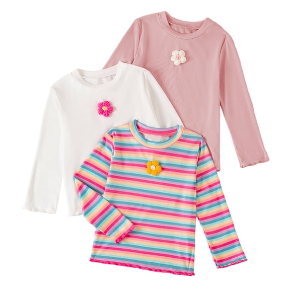 GCETTIC Toddler Girls Flower Shirts Long Sleeve Shirt for Girls Tees Kids Tshirts Tops T-Shirt 3Pack Size,7-8 Years