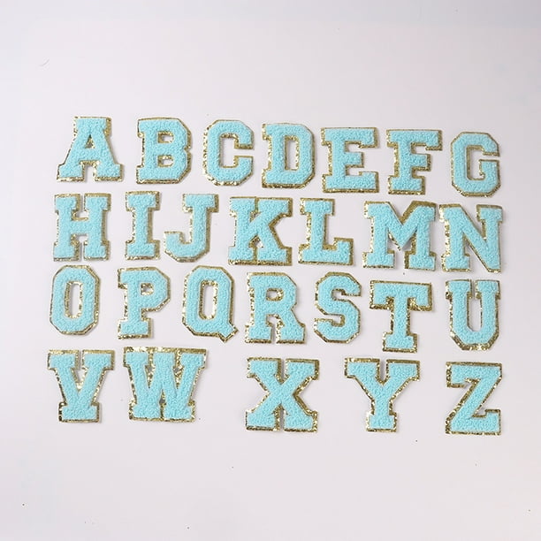 Parches de letras de chenilla, 26 piezas, parches de letras de chenilla con brillo autoadhesivos, parches iniciales de chenilla para bricolaje, teléfono móvil, mochilas, sombreros, jeans (azul lago)