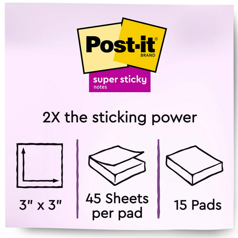 Post-it Super Sticky Notes, Assorted Bright Colors, 3x3 in, 15 Pads/Pack, 45 Sheets/Pad, 2x The Sticking Power, Recyclable, Multi-Color