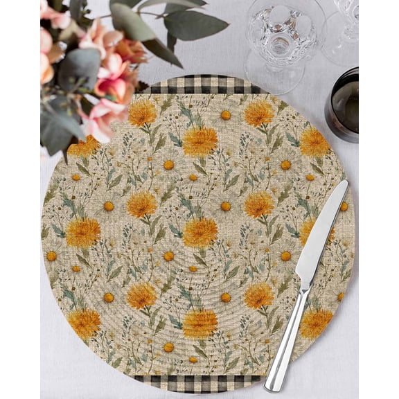 15 Inch Round Placemats Set of 6, Spring Daisy Non Slip Heat Insulation PP Table Mats, Country Vintage Yellow White Floral Leaf Plaid Washable Place Mats for Kitchen Dining Party Table Decor