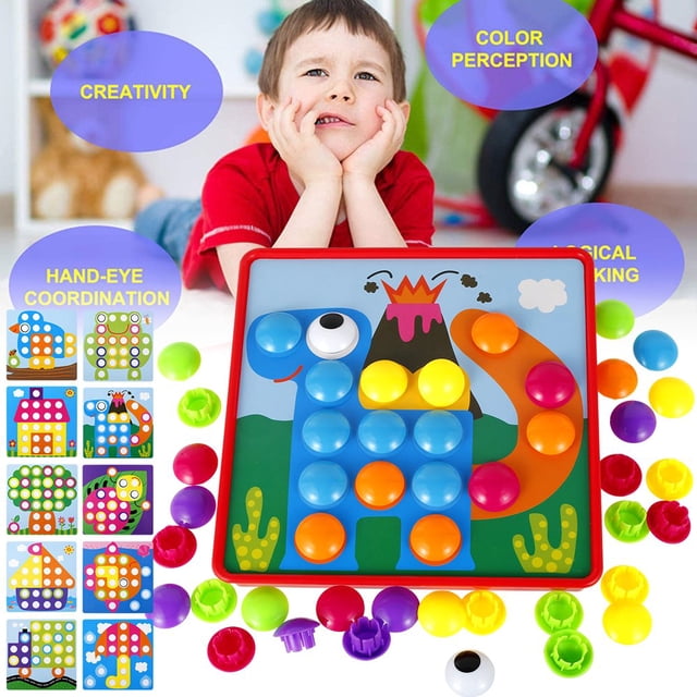 DIY Button Art Toy for 3+ Years Old Kids Educative Button Pegboard Interactive Mushrooms Nails Board Creativity Development DIY Pegboard Puzzles Set for Christmas Gift