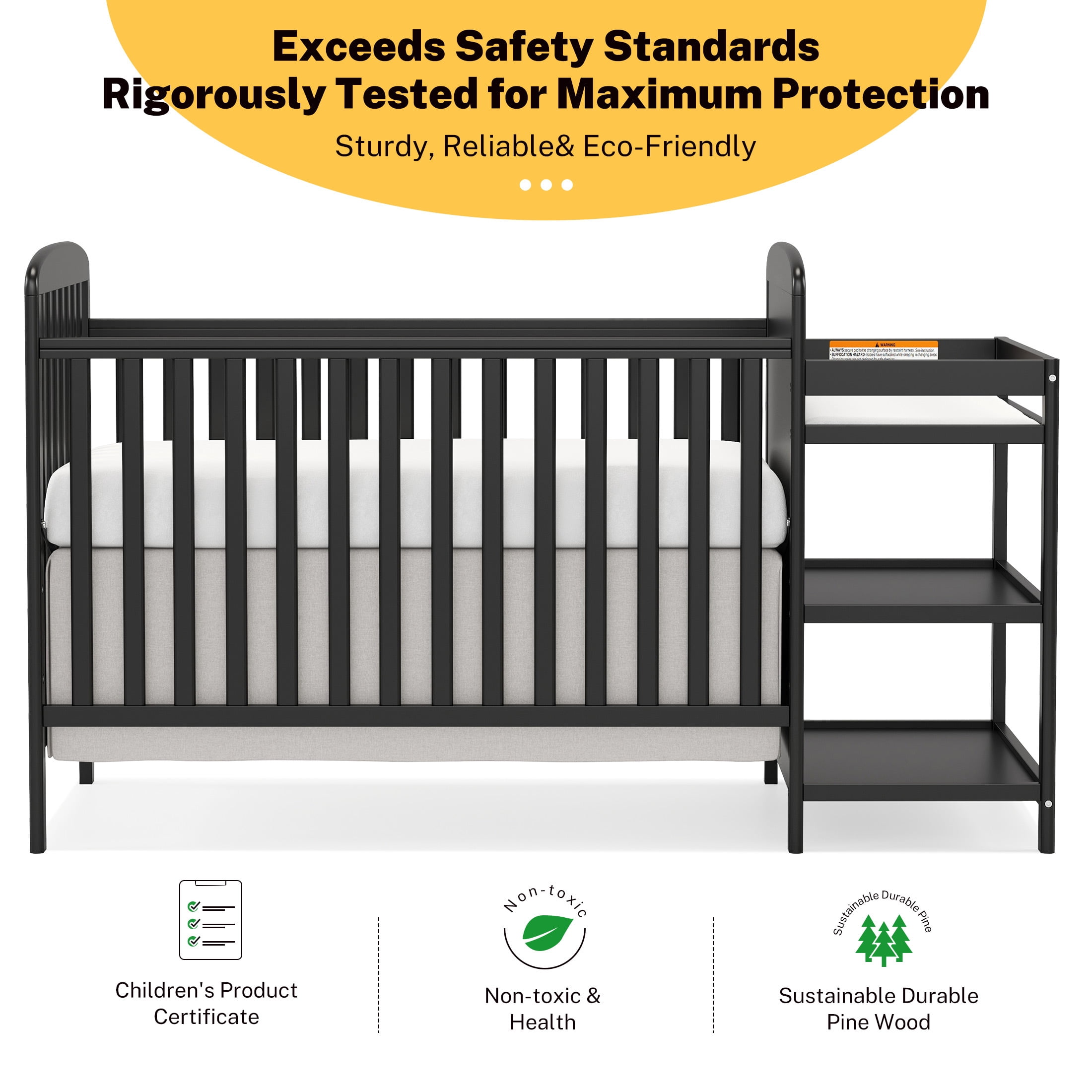 CASEMIOL Baby Crib with Changing Table 3 in 1, New Zealand Pinewood Cribs Convertible to Toddler Daybed Bed, Non-Toxic Finish, Easy to Assemble, Black