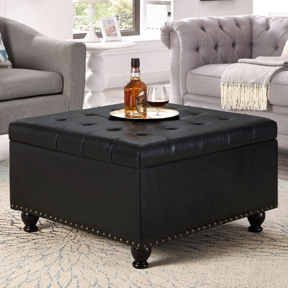 CQSXDA Large Square Storage Ottoman with Wooden Legs, Upholstered Button Tufted Coffee Table with Nail Trims