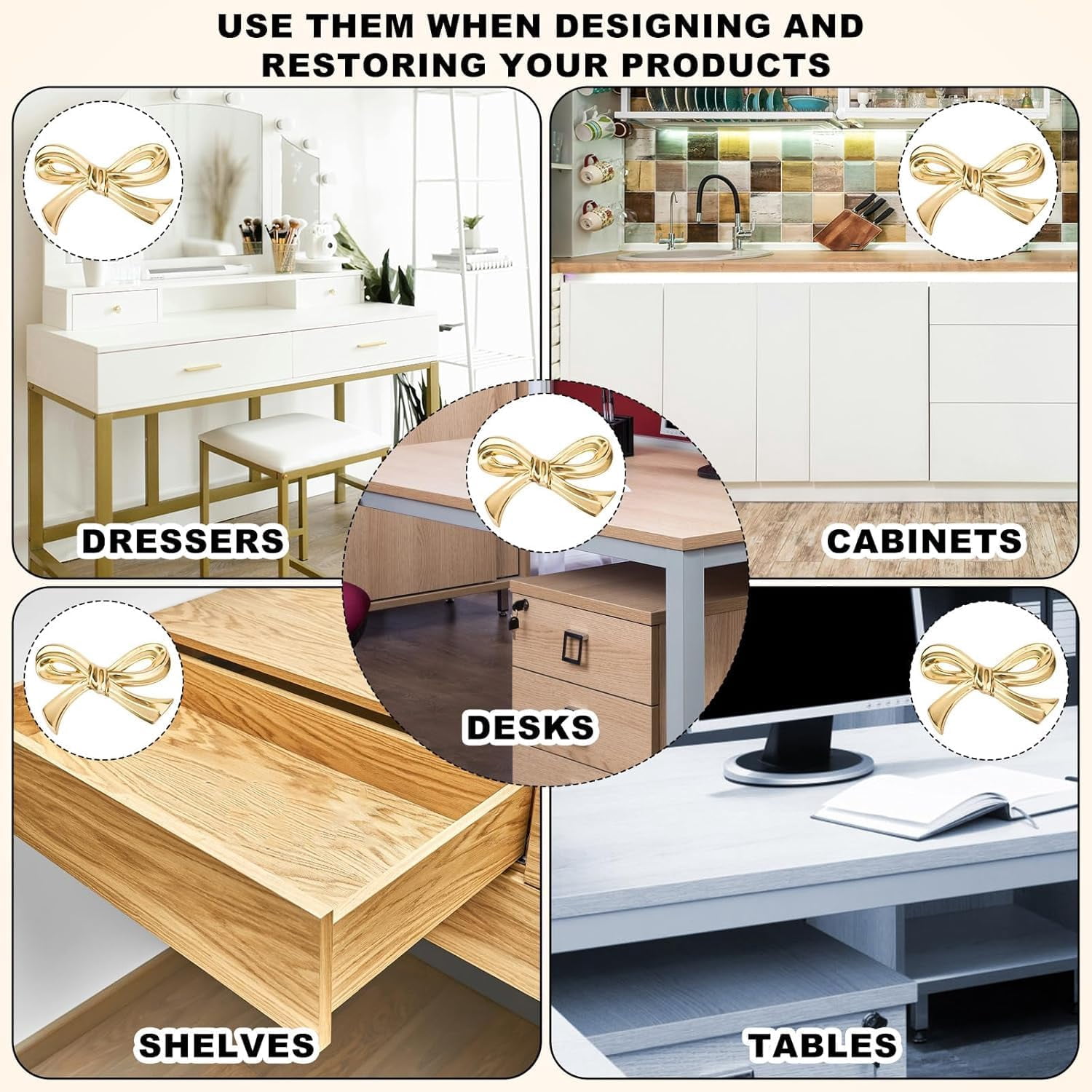 CATPAN‘s Brass Bow Shape Cabinet Knobs, Gold Drawer Pulls, Decorative Bow Knobs, 6 Pack