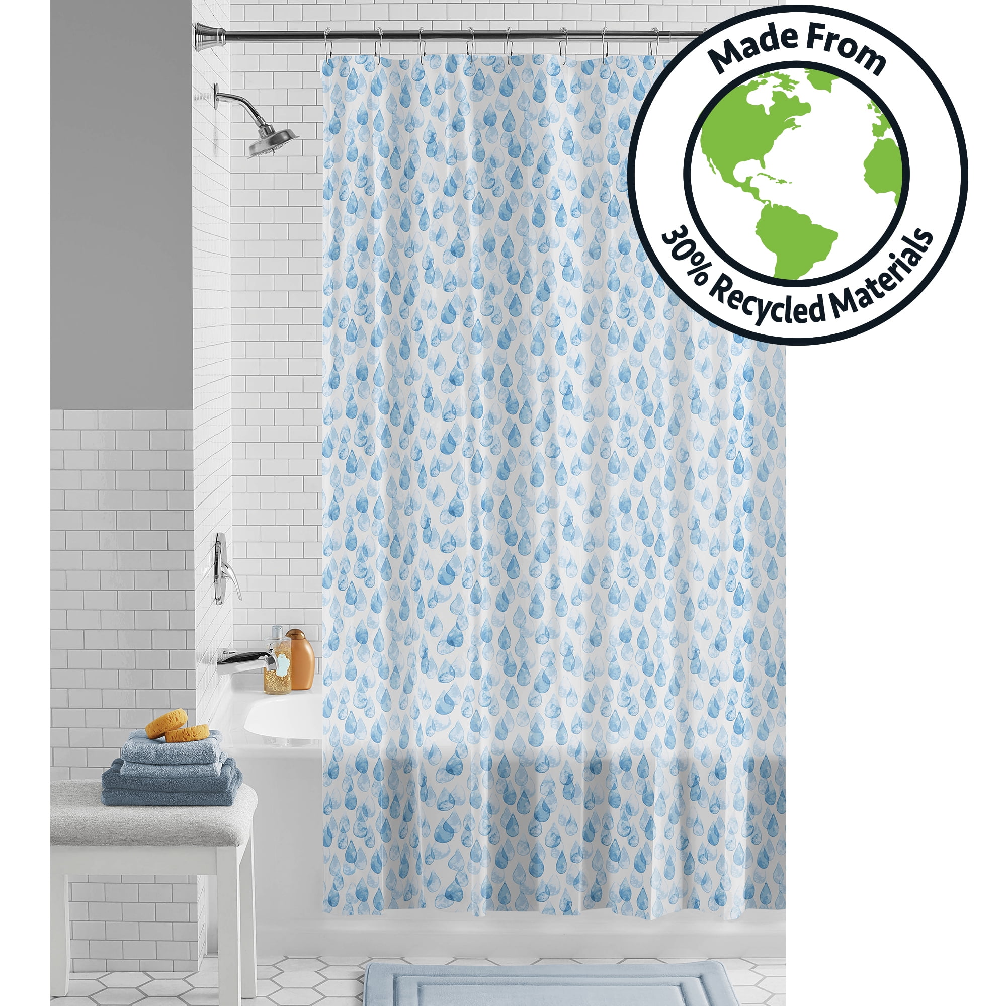 Mainstays 13-Piece Water Drops Eco-friendly Waterproof PEVA Shower Curtain  with Hooks Set, Made from 30% Post-Consumer Recycled Materials, Blue