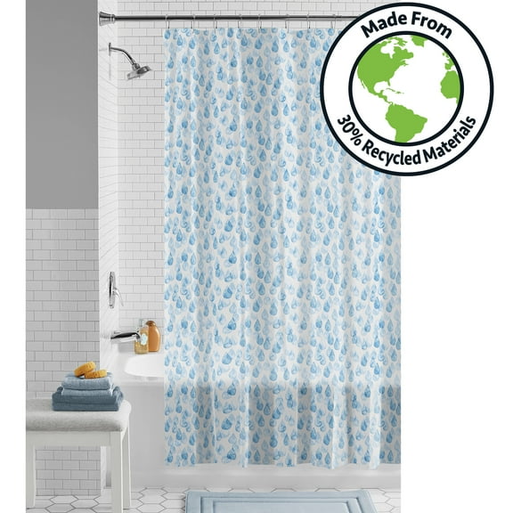 Mainstays Eco-friendly Water Drops Waterproof Recycled PEVA Shower Curtain Set with 12 Hooks, Blue