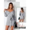 thumbnail image 6 of Xuanfei Women Crossover V Neck Long Sleeve Tie Waist Open Back Rib Mini Dress, 6 of 7