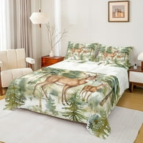 Homewish Woodland Animal Deer Full Size Sheets,Rustic Farmhouse Cabin Bed Sheets,Green Plant Sheet Sets For Boys Girls,Breathable Home Decor,4pcs