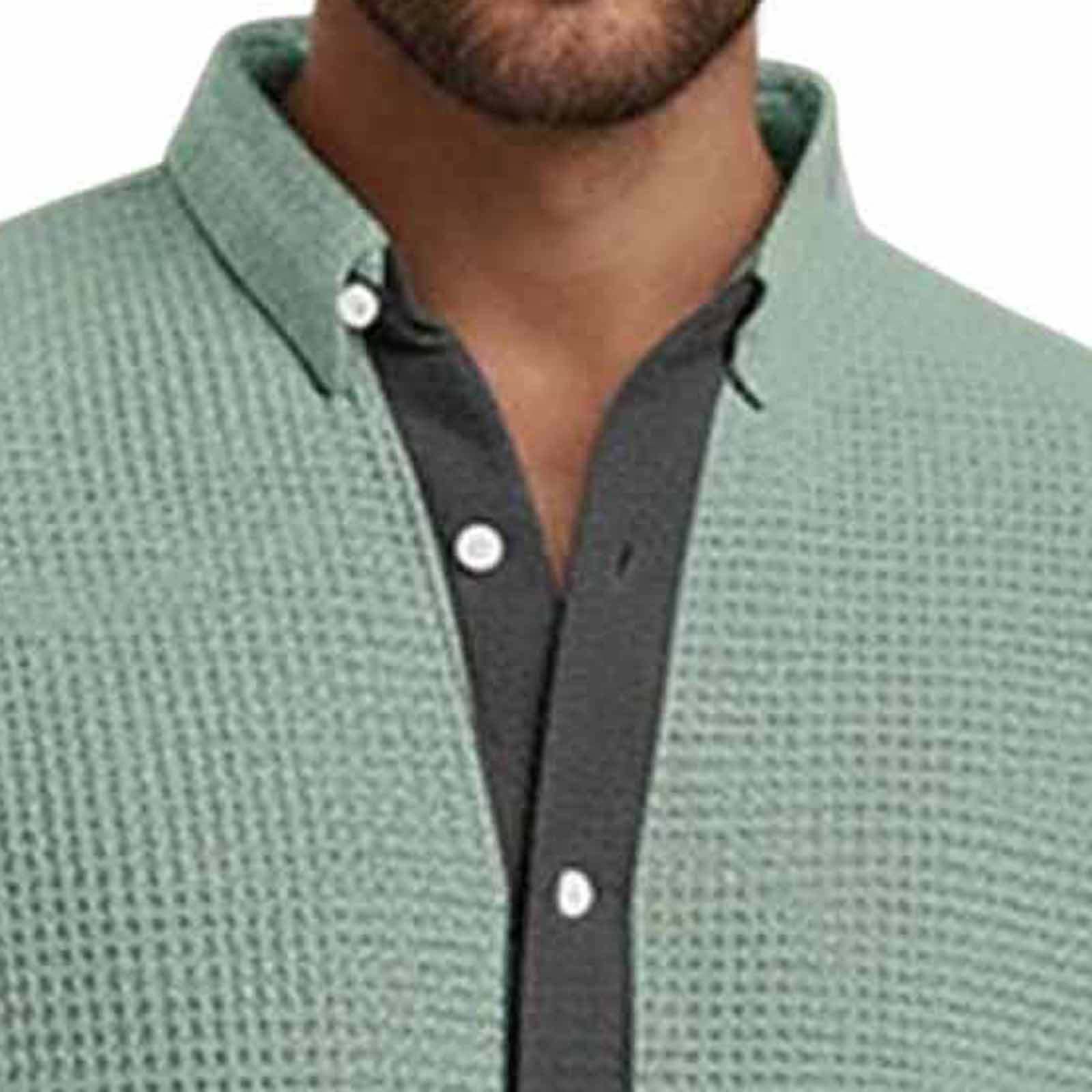 Long Sleeve Shirts for Men, Men's Button Down Waffle Textured Shirt Casual Long Sleeve Lapel Neck Wrinkle Free Untucked Shirts Fashion Clothes